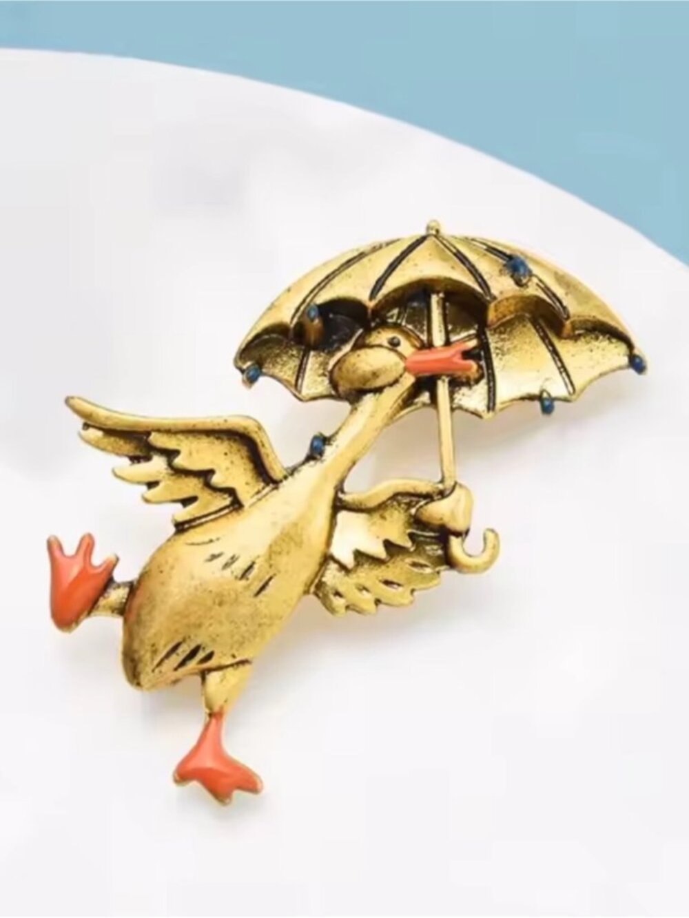 Vintage Gold Duck Brooch | Umbrella Pin Cute Statement